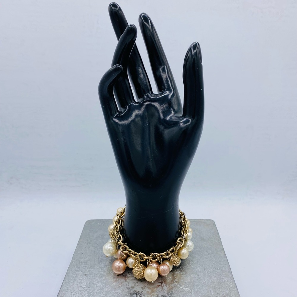 Elegant Gold Tone Faux Pearl Beads & Gold Beads W/ Rhinestone Cha Cha Bracelet